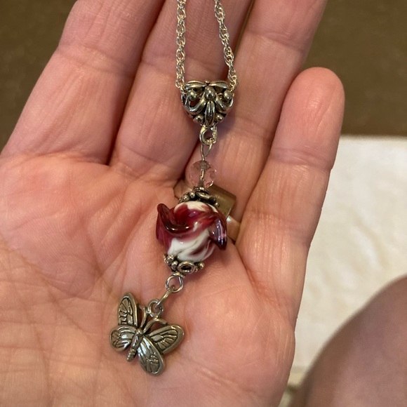 Sterling Silver with Heart Ceramic Rose and Butterfly. Chain is 20” - Picture 3 of 5